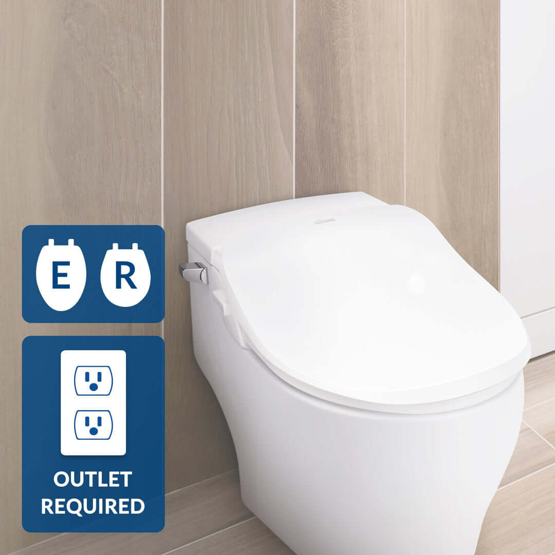 Bio Bidet Slim Two Smart Bidet Toilet Seat with remote, wall outlet required for installation.