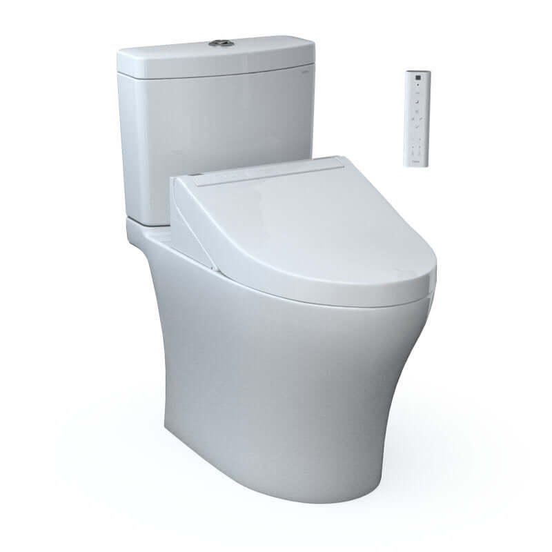 TOTO Aquia IV WASHLET+ C5 bidet toilet with remote control, featuring a modern design and dual flush system.