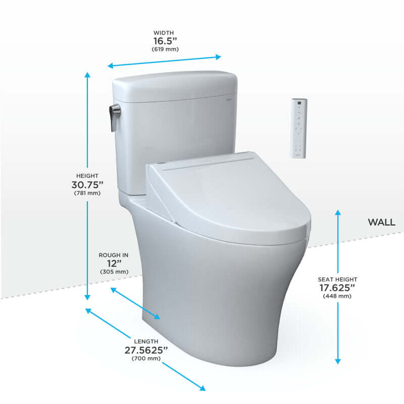 White toilet with dimensions labeled