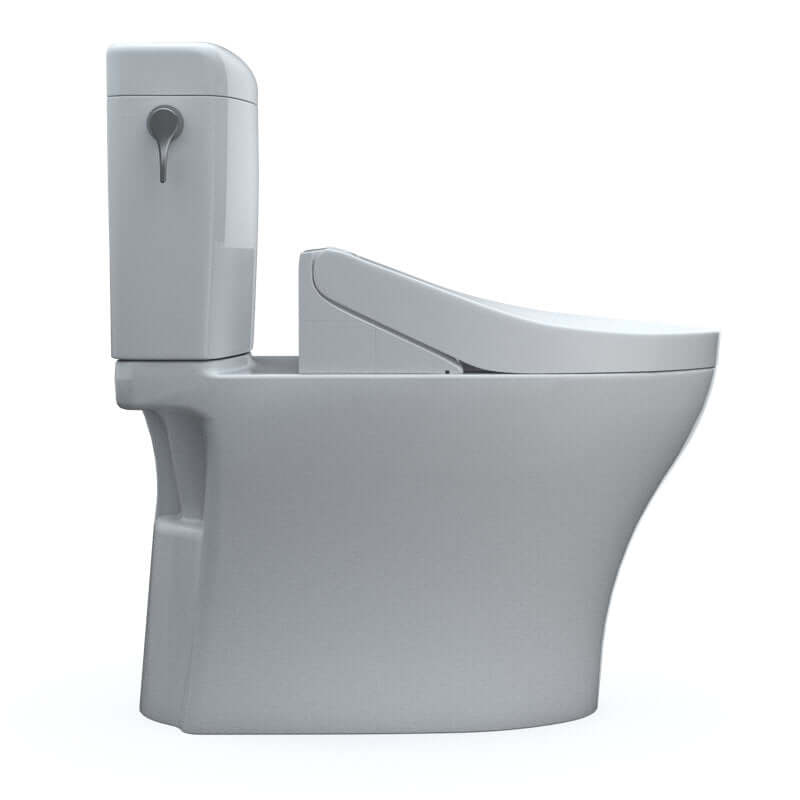 Side view of white toilet with white background