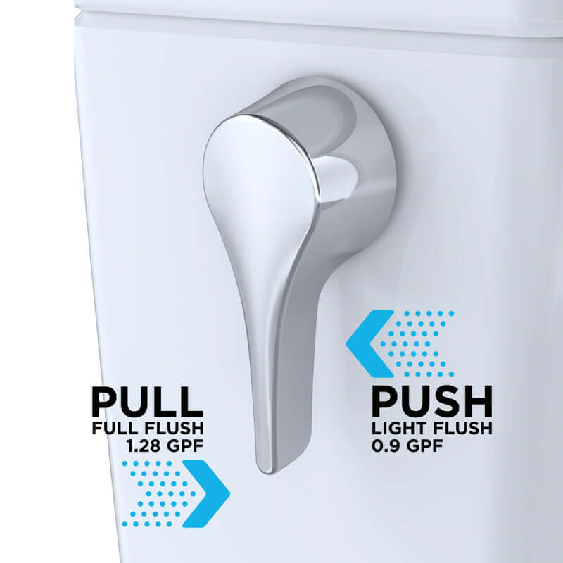 Picture of flush handle, labeled for dual flush capacities