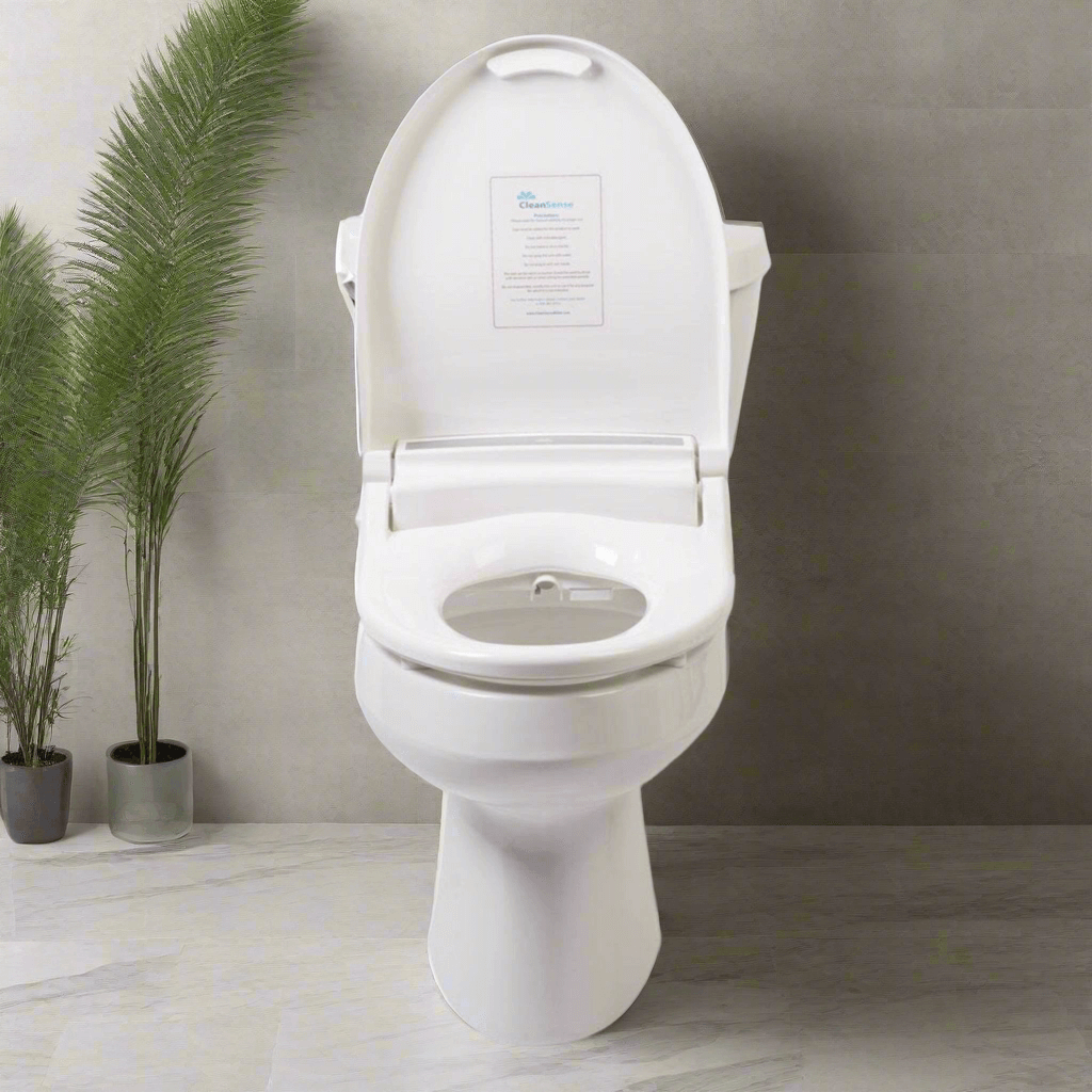 Clean Sense DIB-1500R Smart Bidet Toilet Seat - Front view of seat installed on toilet with lid up