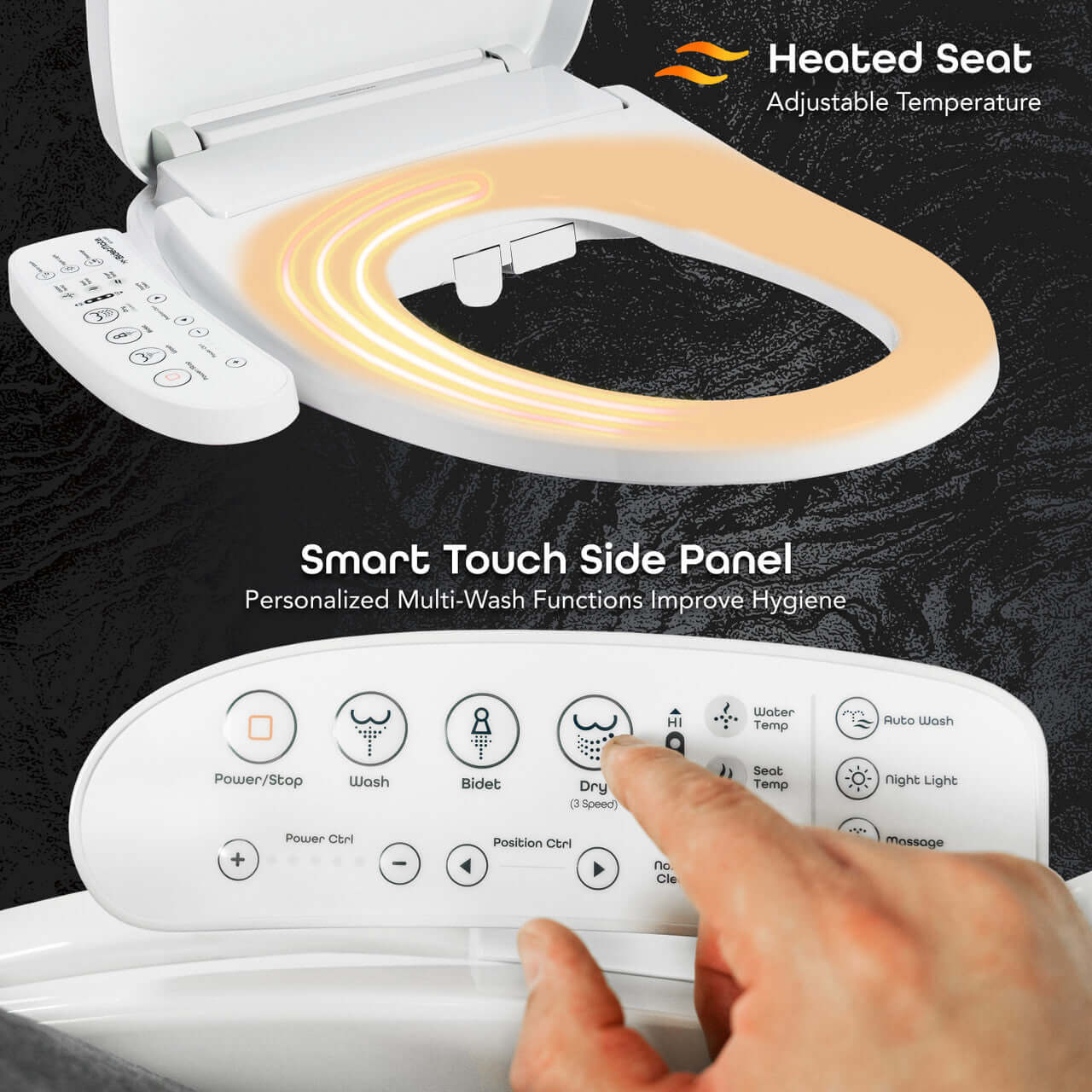 BidetMate 3000 Series heated bidet toilet seat with smart touch side panel for personalized wash functions.