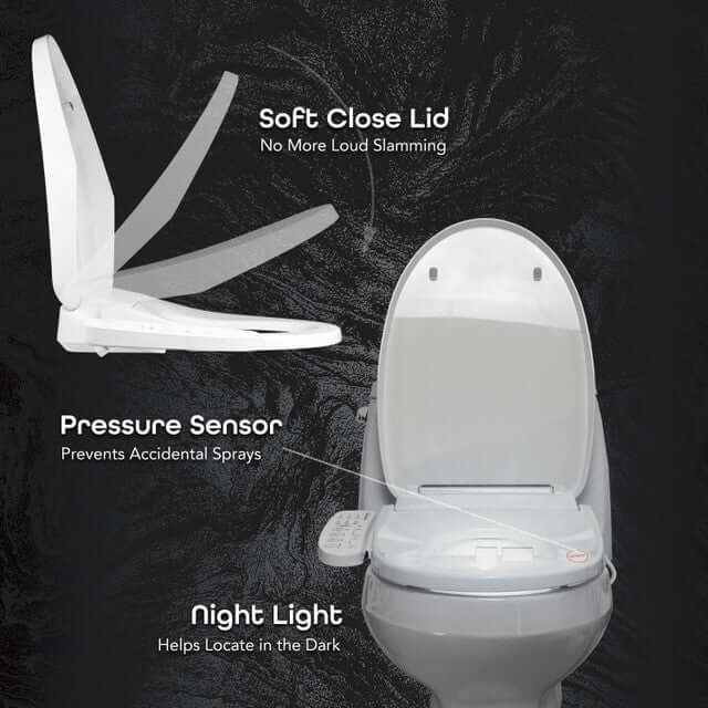 Features of BidetMate 3000: Soft close lid, pressure sensor to prevent sprays, and night light for visibility.