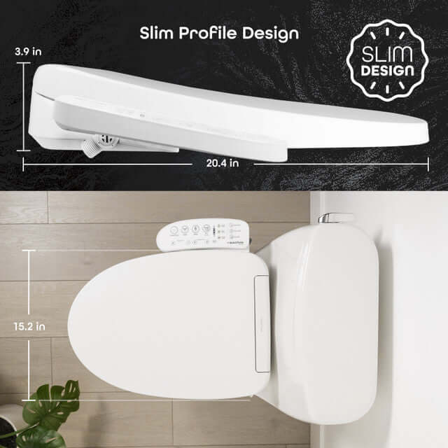 BidetMate 3000 Series Smart Bidet Toilet Seat showcasing slim profile design and dimensions for modern bathrooms.