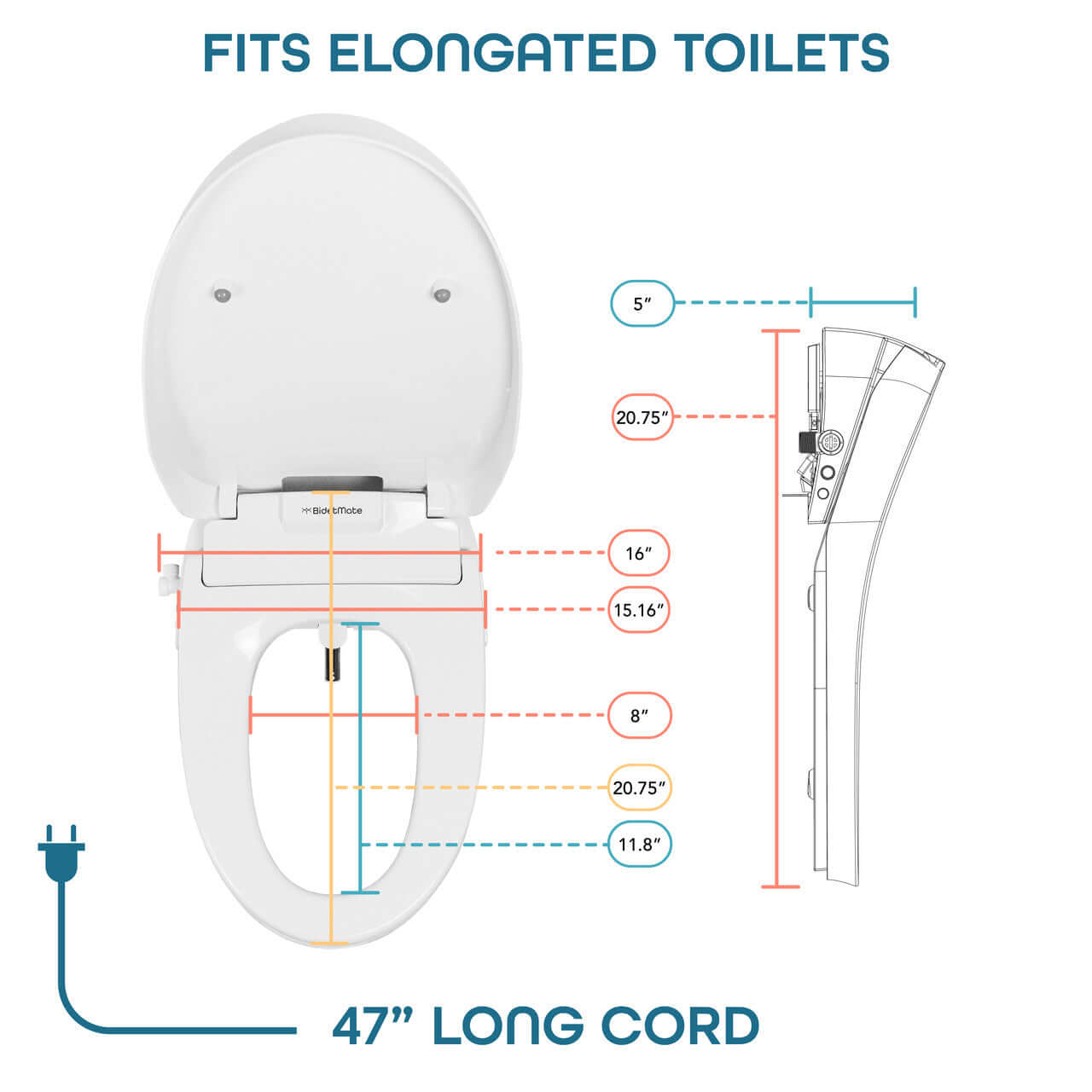 BidetMate 3500 Series Bidet Toilet Seat dimensions and fitting guide for elongated toilets with 47-inch long cord.