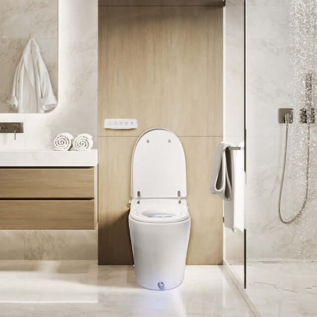 BidetMate 6000 Series Smart Bidet Toilet with heated seat and remote control in a modern bathroom setting.