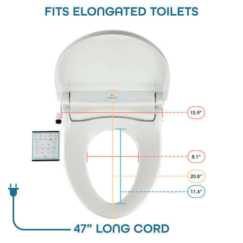 Measurements and specifications of the BidetMate 1000 Series Smart Bidet Toilet Seat designed for elongated toilets.