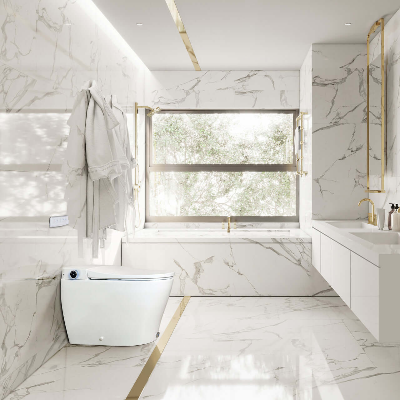BidetMate 6000 Series Smart Bidet Toilet in a modern marble bathroom with minimalist design.