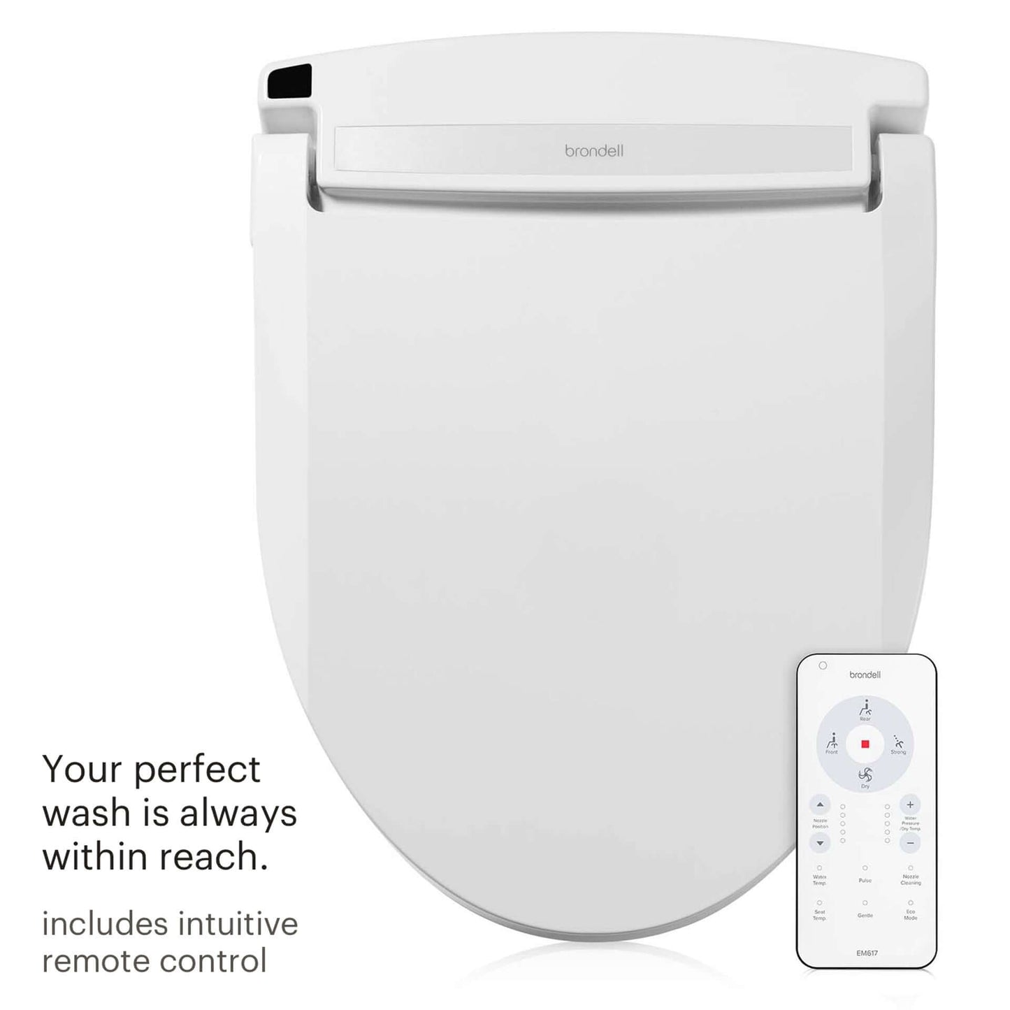 Brondell Swash EM617 bidet toilet seat with remote control for customizable warm water wash and comfort.