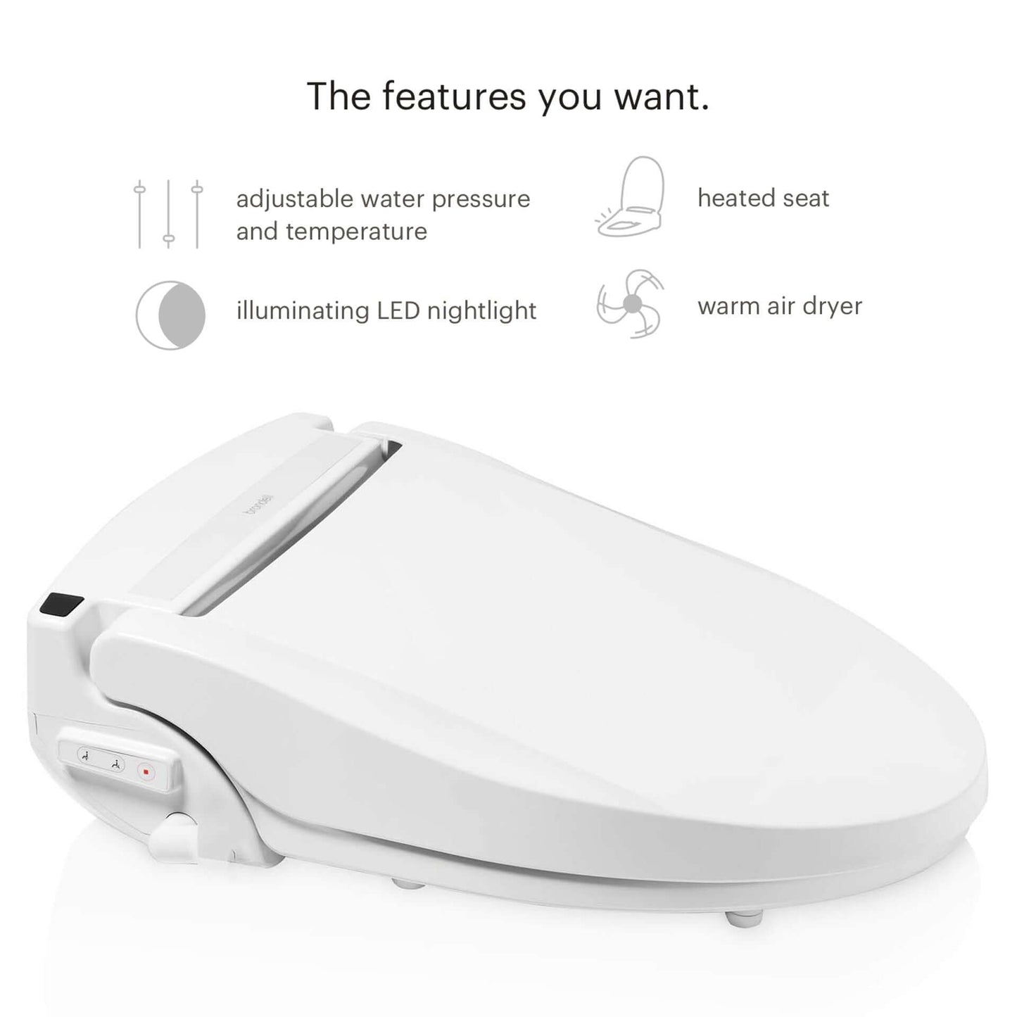 Swash EM617 Advanced Bidet Toilet Seat with Remote Control - Side view with list of features