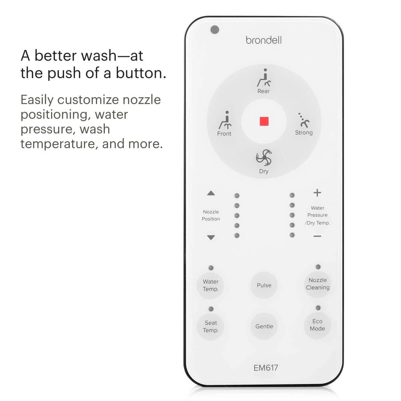 Brondell Swash EM617 remote control features customizable options for nozzle, water pressure, and wash temperature.