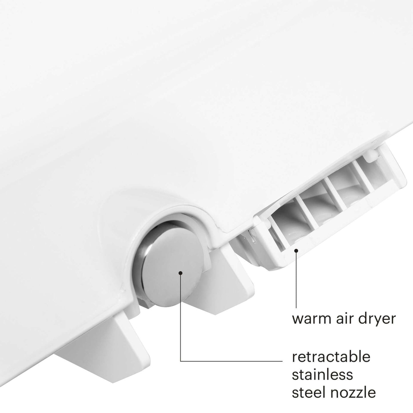 Close-up of Brondell Swash EM617 bidet seat showing warm air dryer and retractable stainless steel nozzle.