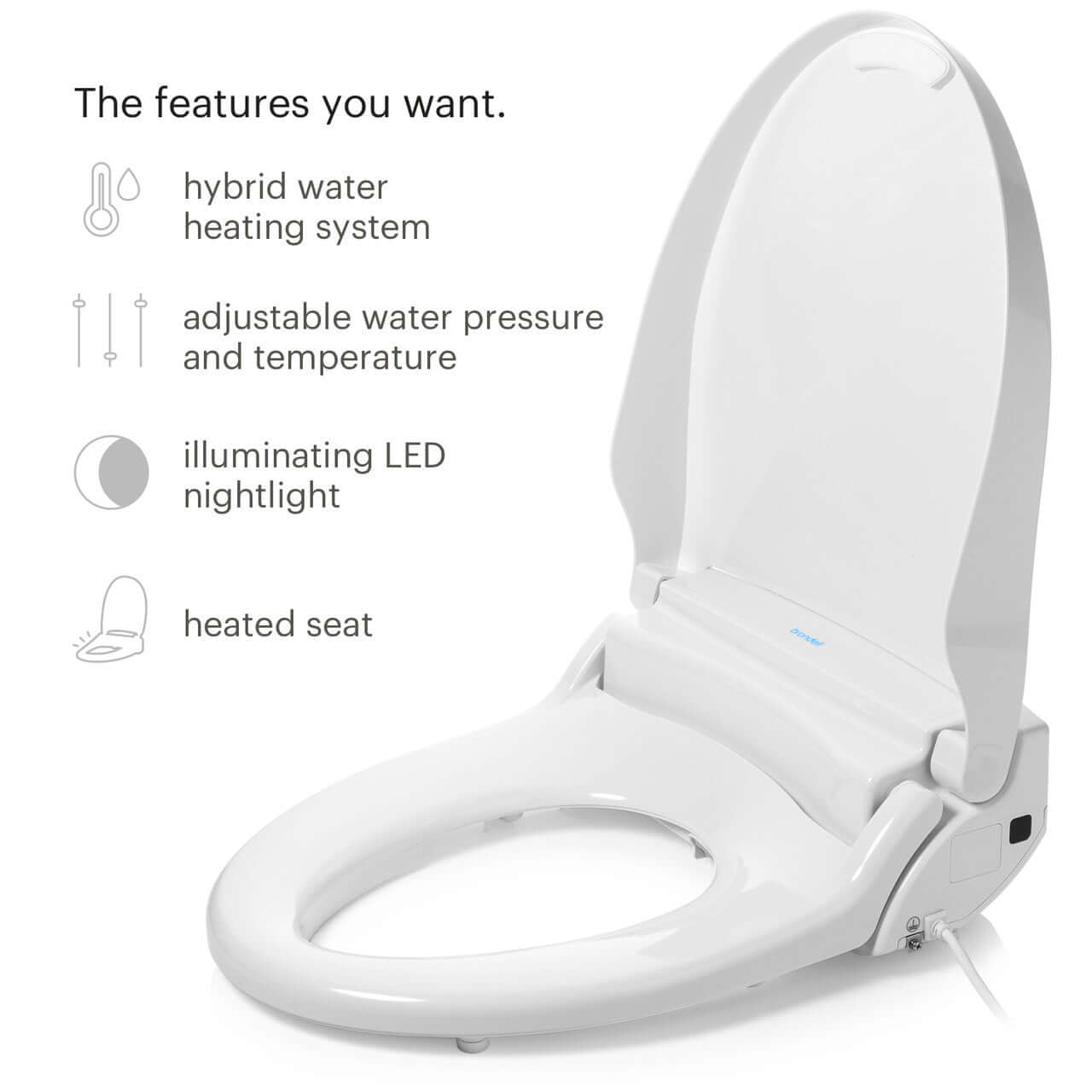Swash BL97 Advanced Bidet Toilet Seat with Remote Control - Diagonal view with lid up and list of features
