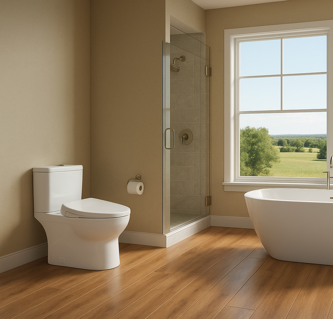 Modern bathroom with a freestanding bathtub and toilet, featuring a large window with a view of greenery.