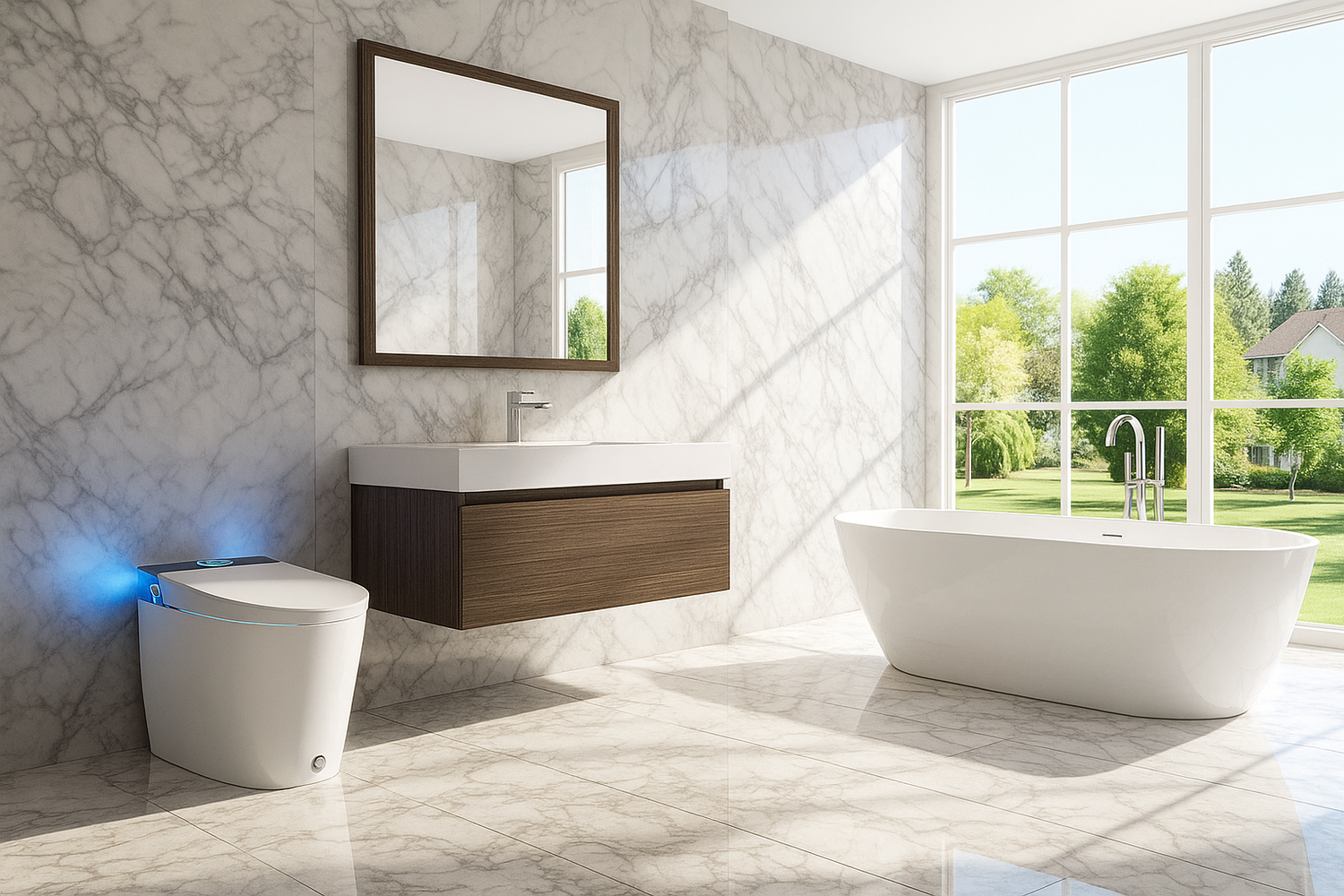 Modern bathroom with marble walls, a freestanding bathtub, and a sink.