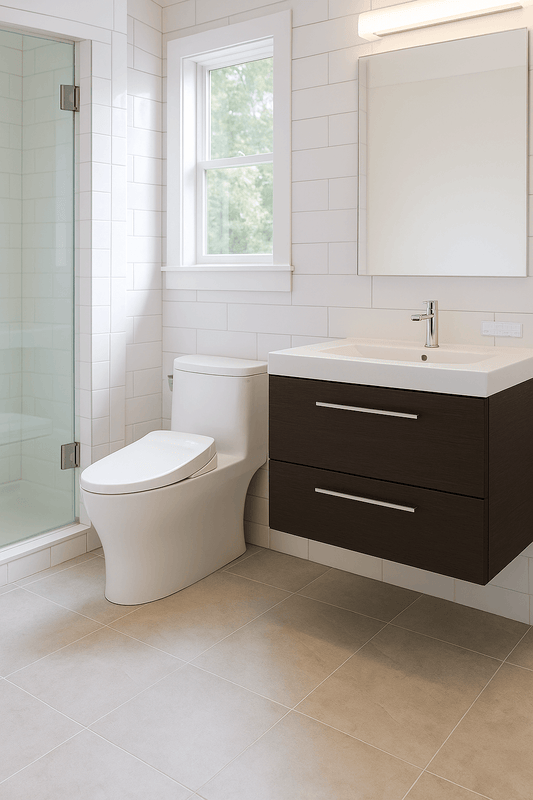 Modern bathroom with a sleek toilet, brown vanity, and a shower, featuring natural light and contemporary design.