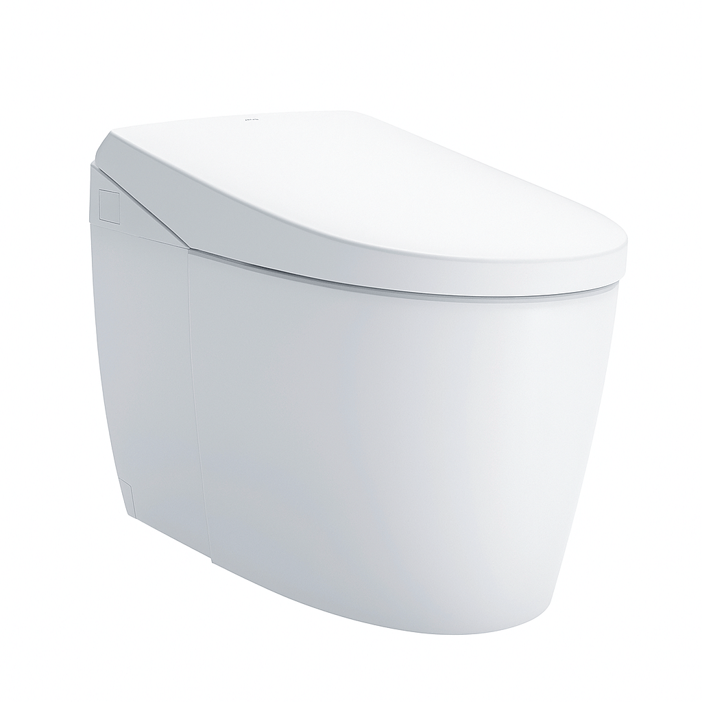 White toilet bowl with seat on a white background