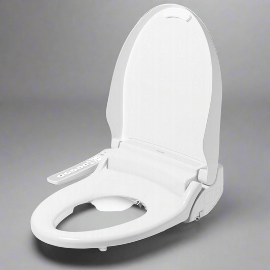 Brondell Swash EM417 advanced bidet toilet seat with side arm control and open lid design.
