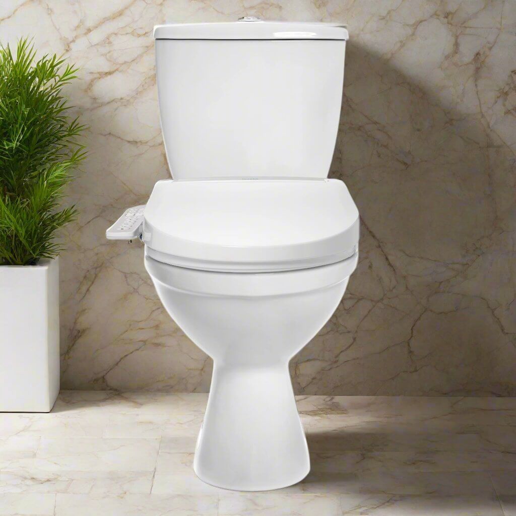 Brondell Swash Select DR801 Smart Bidet Toilet Seat with side arm controls in a modern bathroom setting.