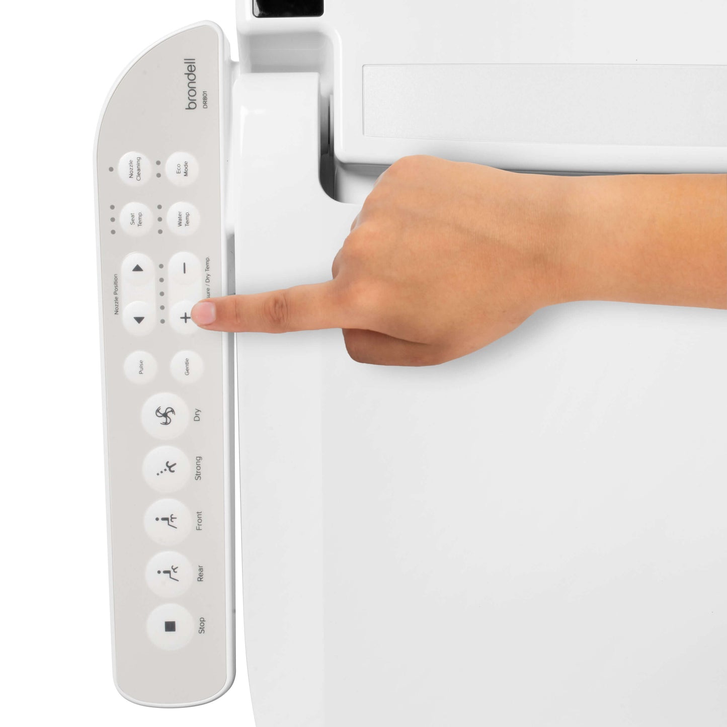 Hand using the side arm control panel of the Brondell Swash Select DR801 Smart Bidet Toilet Seat for customizable settings.