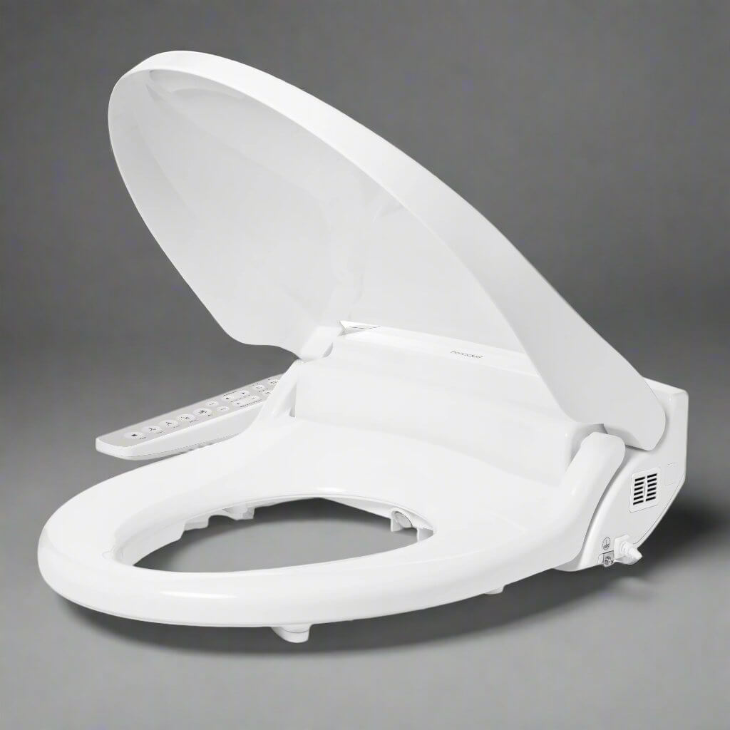 Brondell Swash Select DR801 smart bidet toilet seat with side arm control opened for viewing.