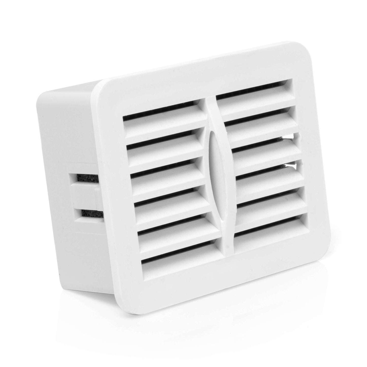 White air vent grille with slotted design for easy airflow and ventilation in home or office settings.