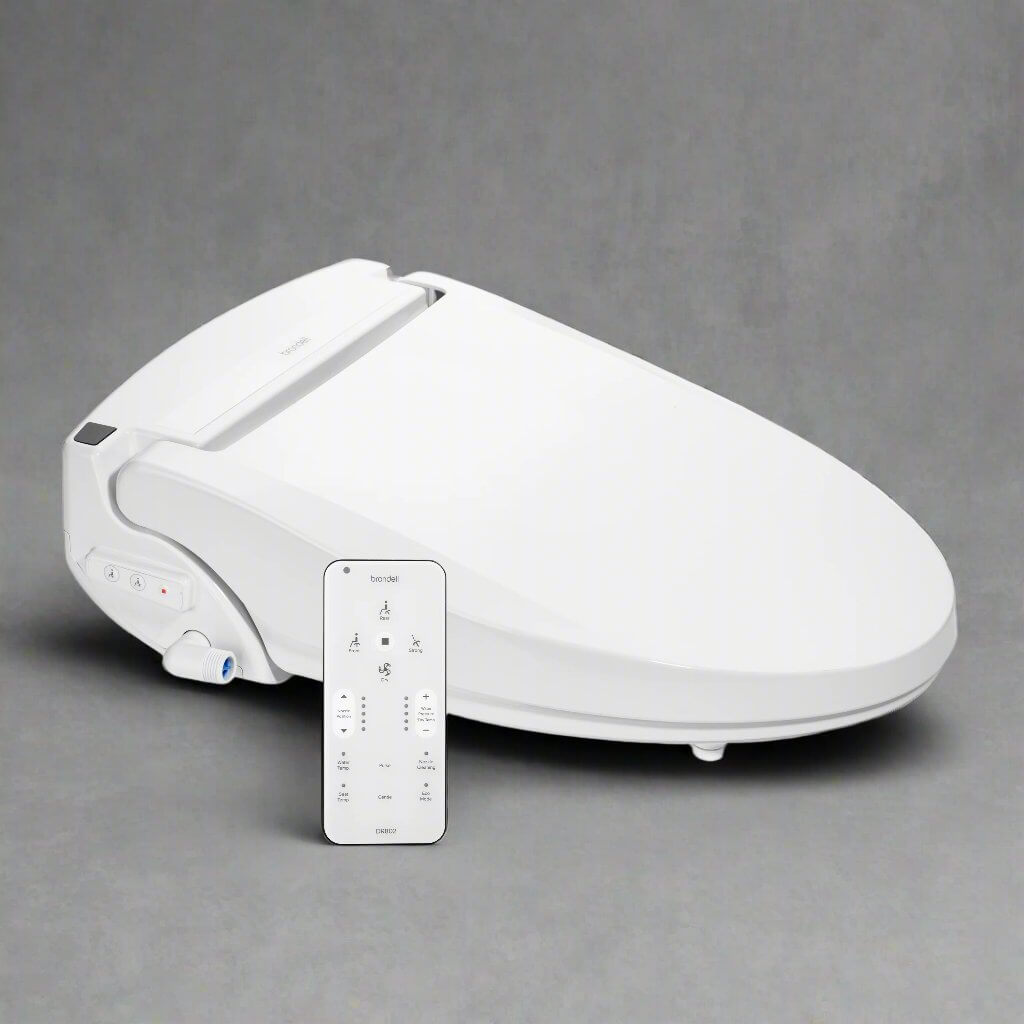 Brondell Swash Select DR802 smart bidet toilet seat with remote control on a gray background.