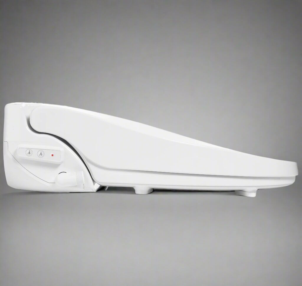 Brondell Swash Select DR802 Smart Bidet Toilet Seat side view with control panel, featuring sleek design and modern technology.