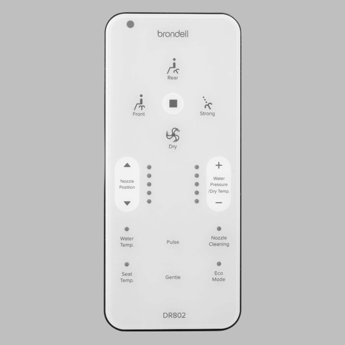 Brondell Swash Select DR802 smart bidet toilet seat remote control with various wash settings and temperature controls.