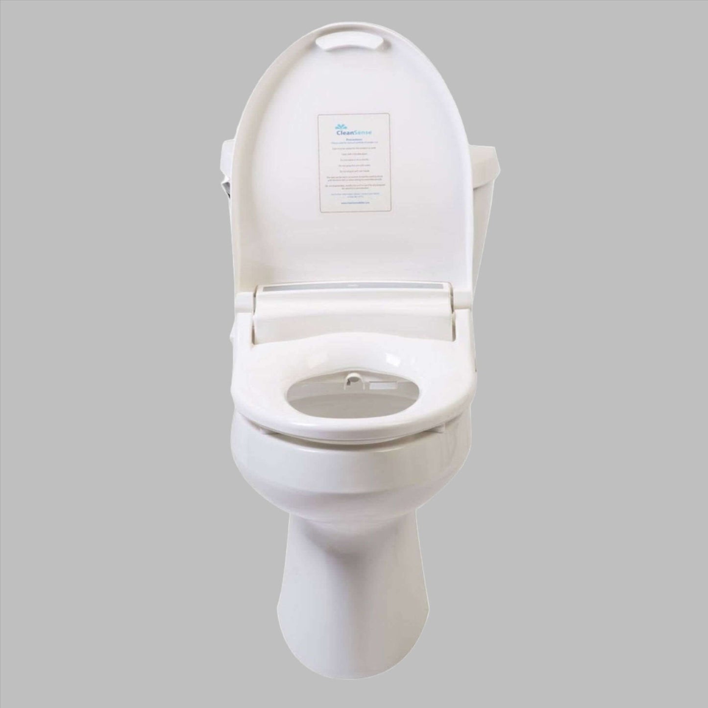 Clean Sense DIB-1500R Smart Bidet Toilet Seat - Front view of seat installed on toilet with lid up
