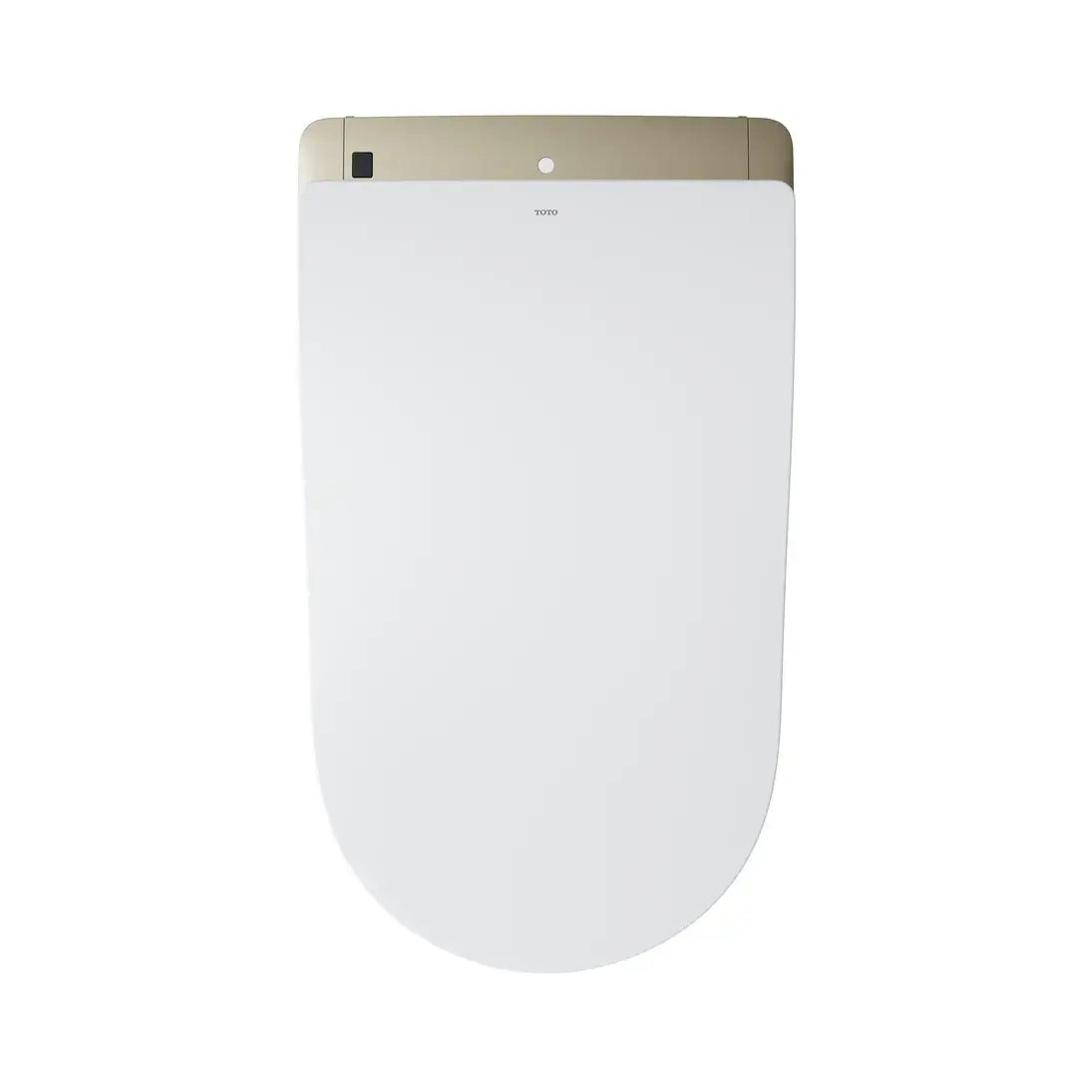 White toilet seat with gold trim on a white background