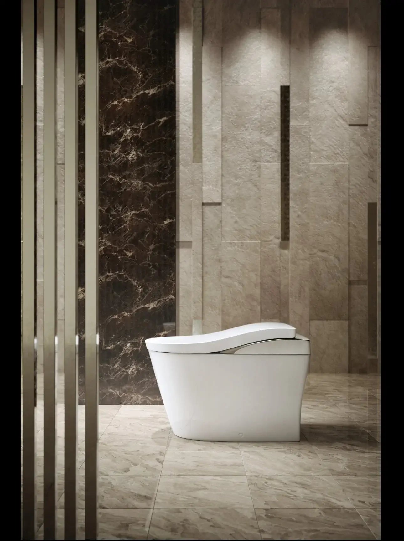 Modern white freestanding bathtub in a stylish bathroom with marble and tiled walls.