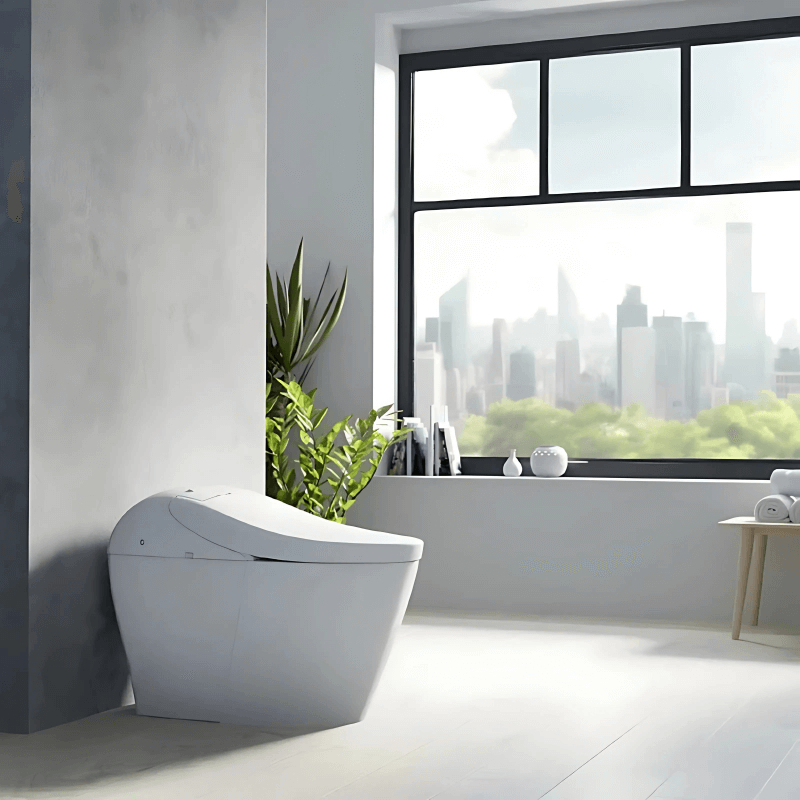 TOTO Neorest G5A Smart Bidet Toilet in a modern bathroom setting with large windows and city view.