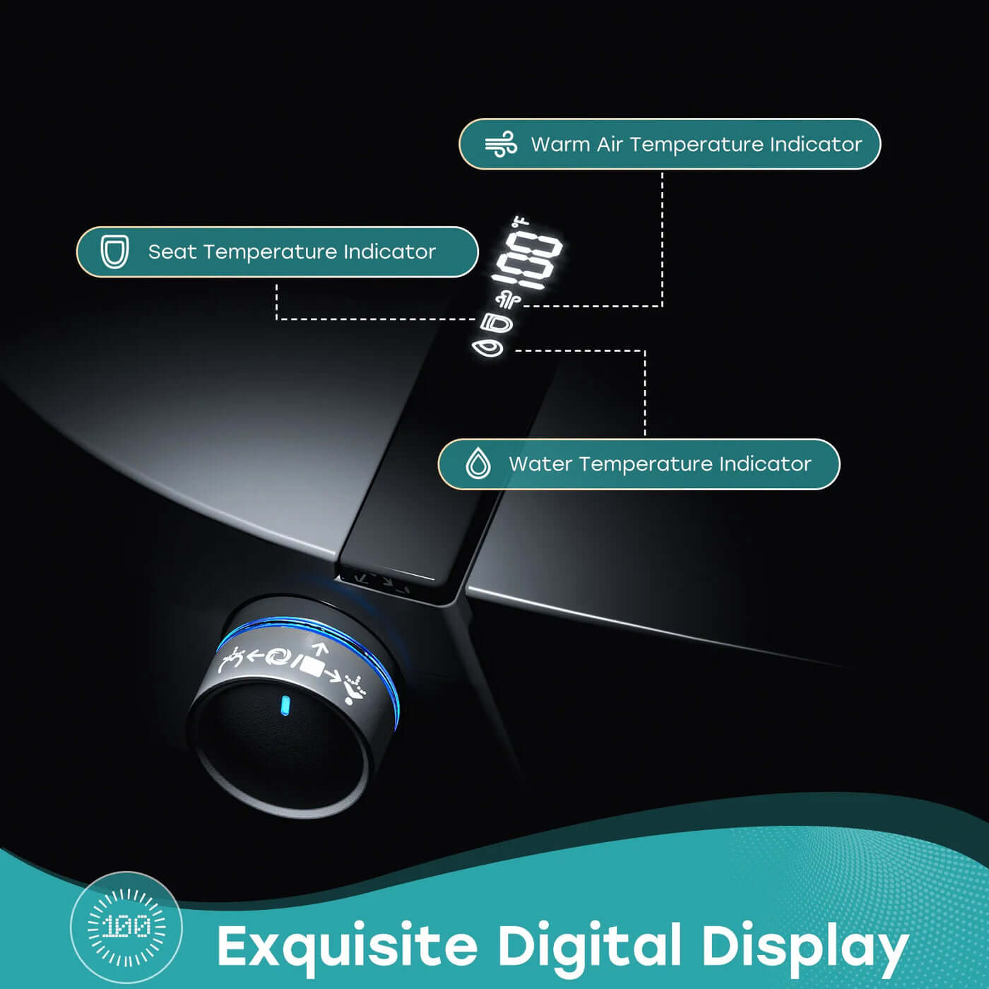 Detailed view of the Horow T36 Smart Bidet Toilet digital display showing warm air, seat, and water temperature indicators.