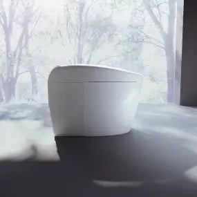 White cylindrical object on a reflective surface with a snowy landscape in the background