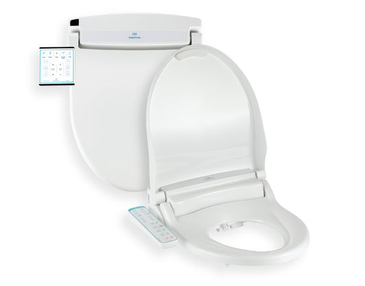 BidetMate 1000 Series Smart Bidet Toilet Seat with remote control and soft-closing lid, designed for hygiene and comfort.