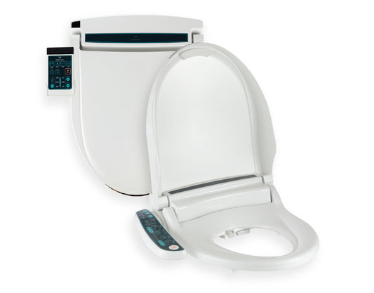 BidetMate 2000 Series Smart Bidet Toilet Seat with remote control and open lid for enhanced bathroom comfort.
