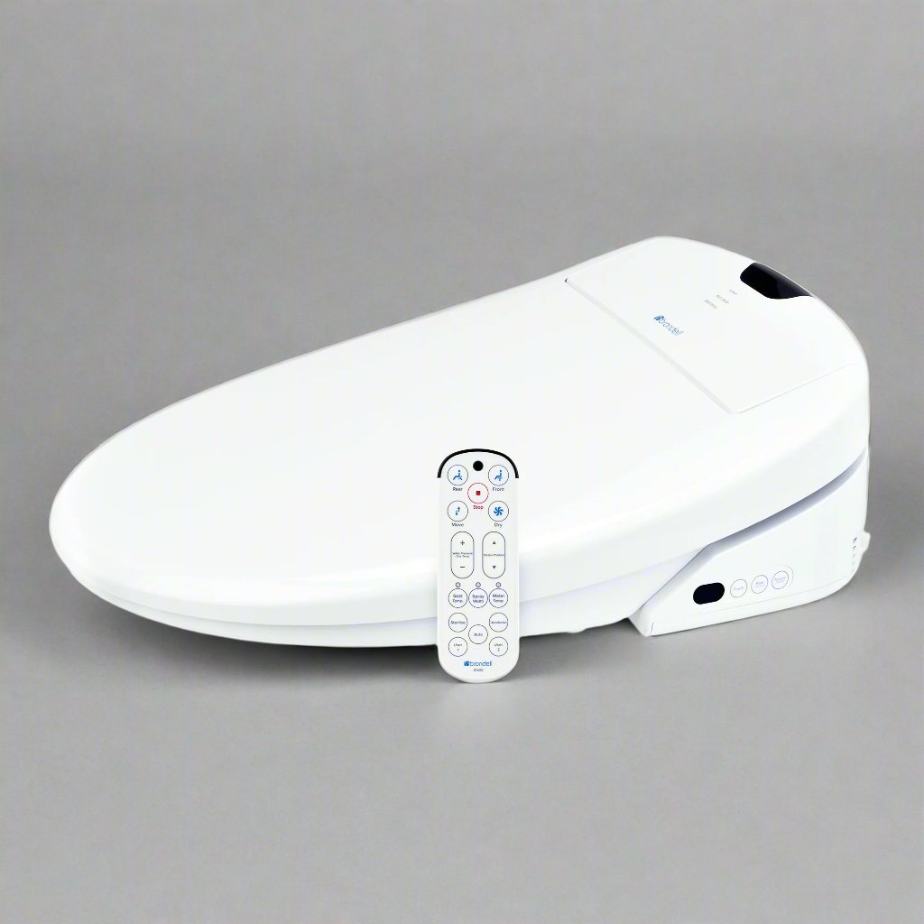 Brondell Swash 1400 Luxury Smart Bidet Toilet Seat with remote control on a gray background.