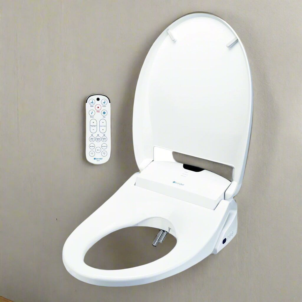 Brondell Swash 1400 luxury smart bidet toilet seat with remote control on a wall.