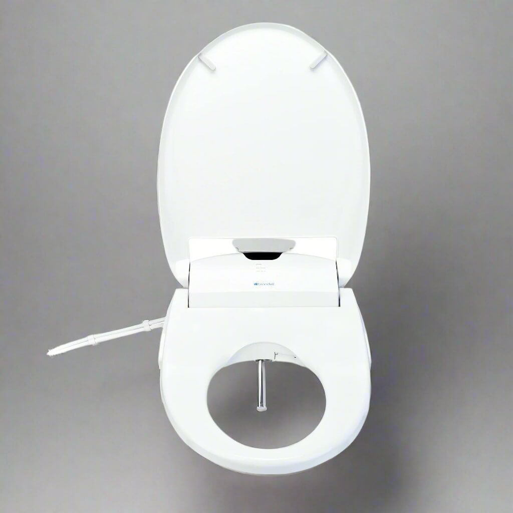Brondell Swash 1400 Luxury Smart Bidet Toilet Seat with lid open, showcasing sleek design and bidet nozzle.