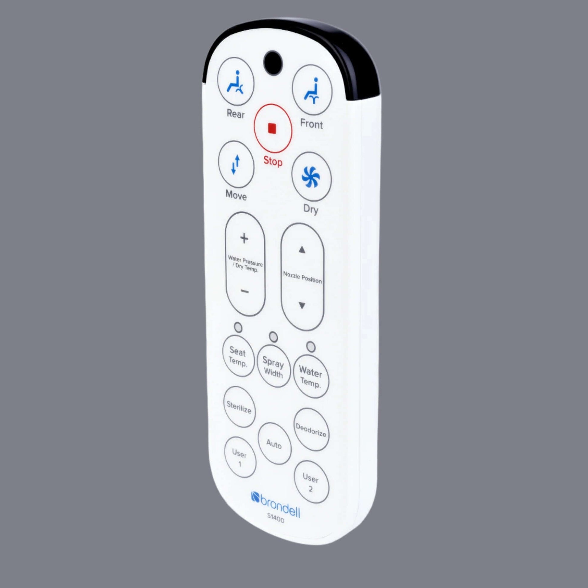 Brondell Swash 1400 bidet remote control with various function buttons for personalized user experience.