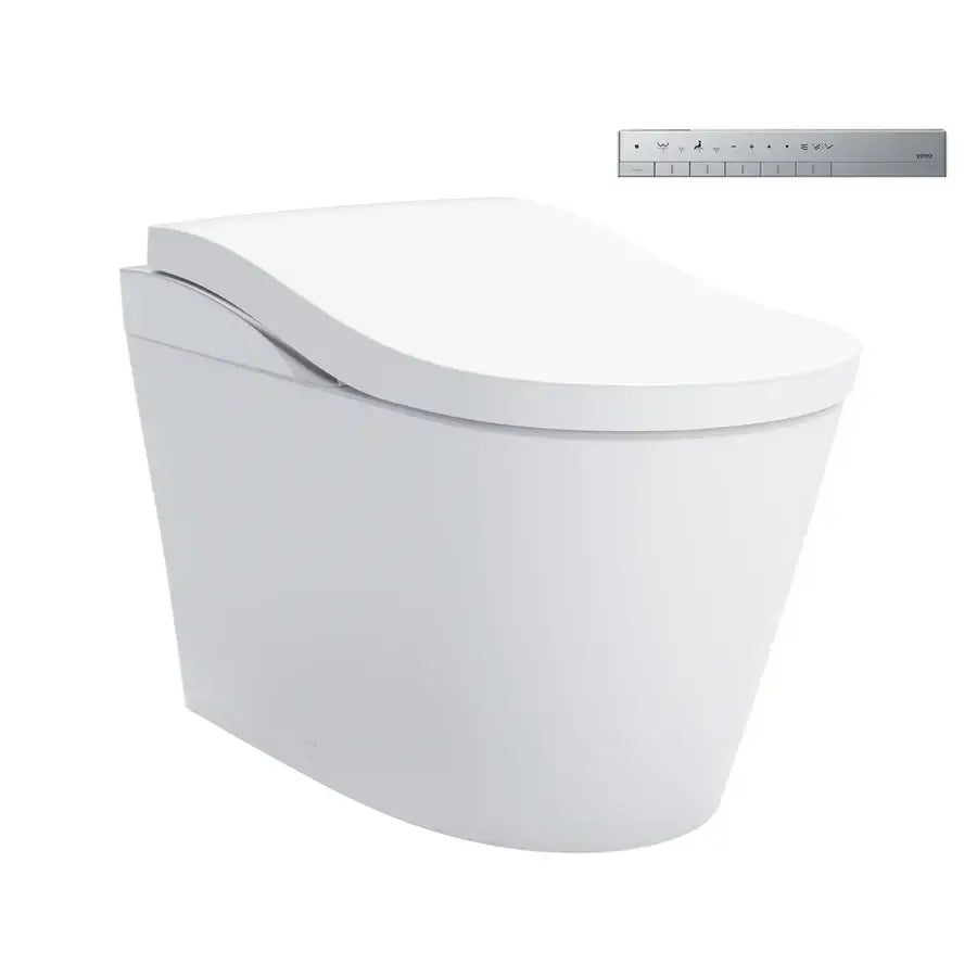 White toilet seat with a remote control on a white background