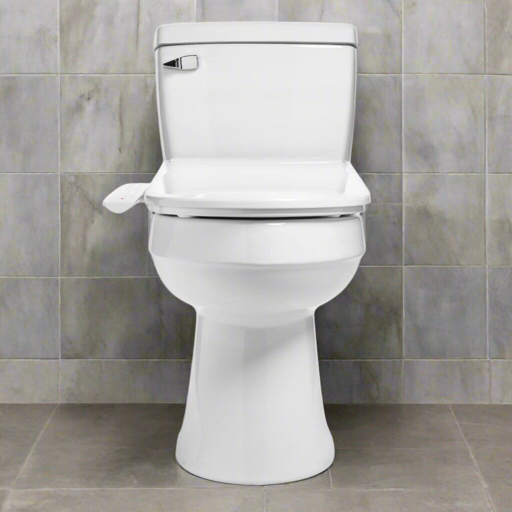 Front view of a modern toilet featuring Brondell Swash Thinline T22 Smart Bidet Seat with side arm control.