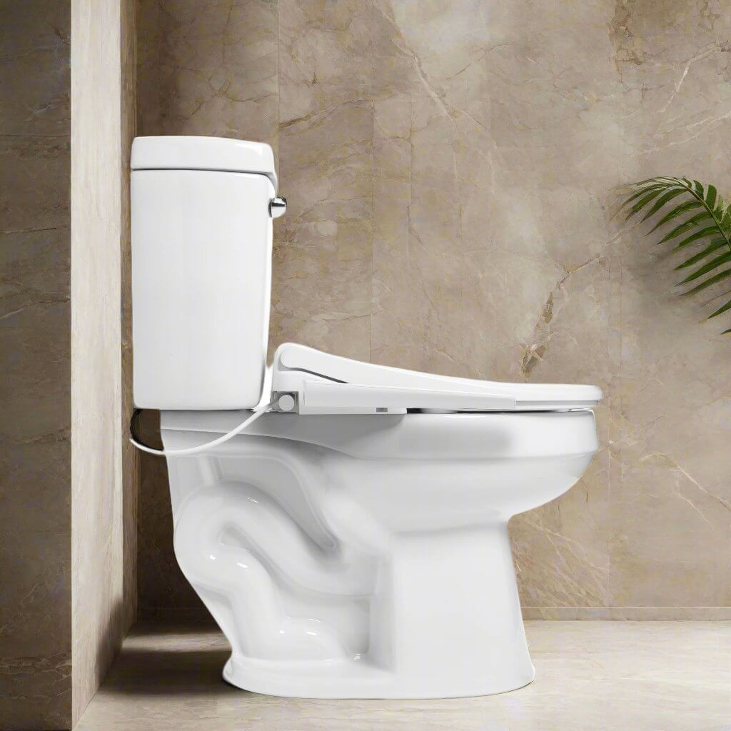 Side view of a modern toilet featuring a bidet seat, designed for style and comfort in contemporary bathrooms.