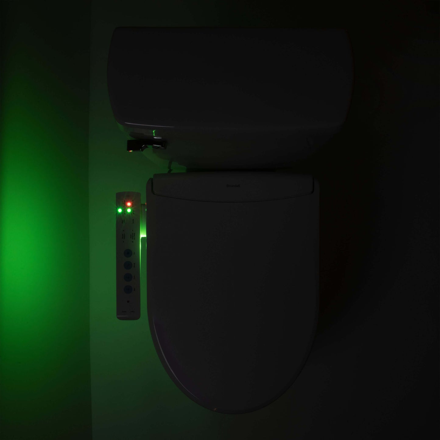 Brondell Swash Thinline T22 smart bidet seat with green LED nightlight and side arm control.