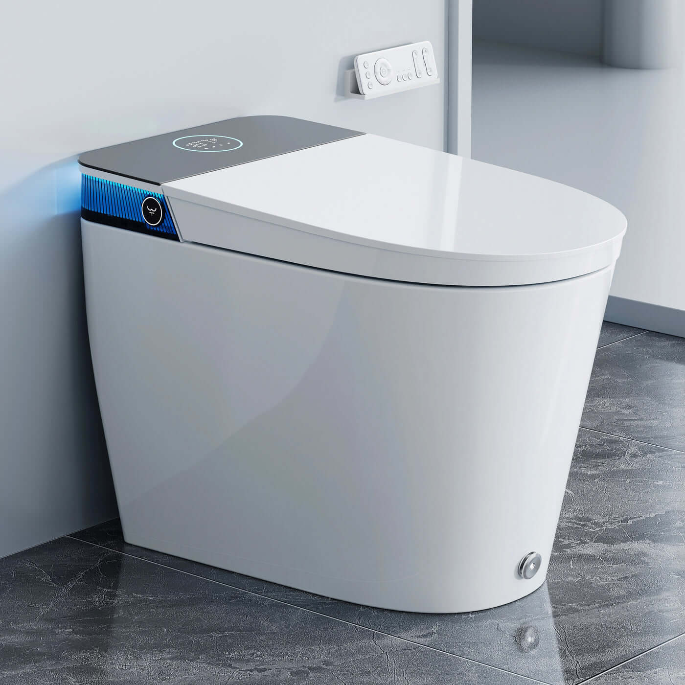 Modern white toilet with digital control panel in a bathroom setting