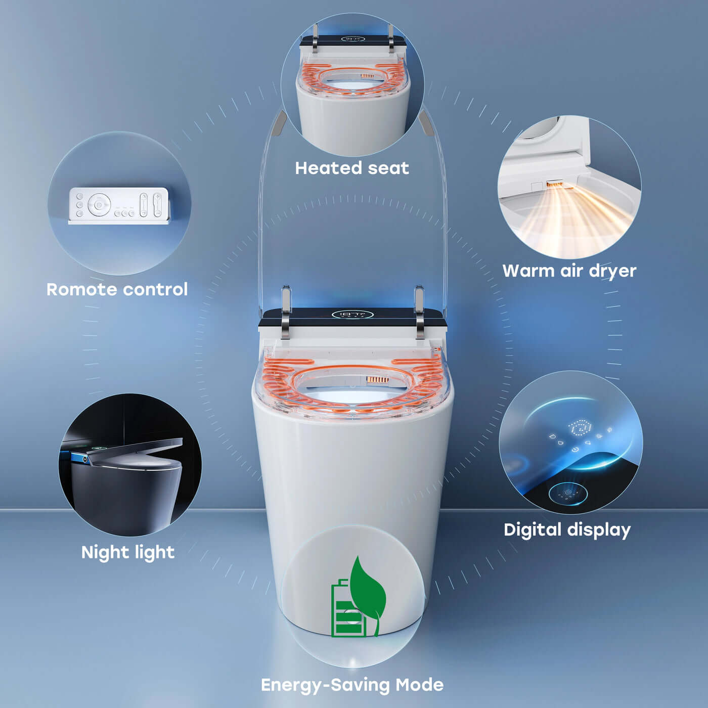 Modern toilet with various features highlighted on a blue background