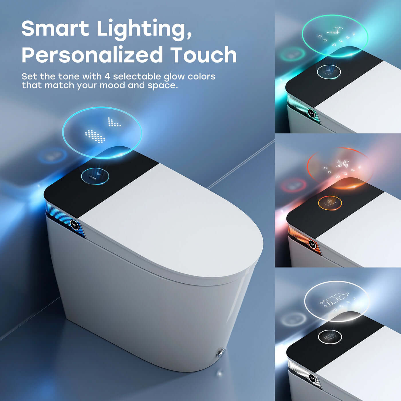 Smart toilet with customizable lighting on a blue tiled wall