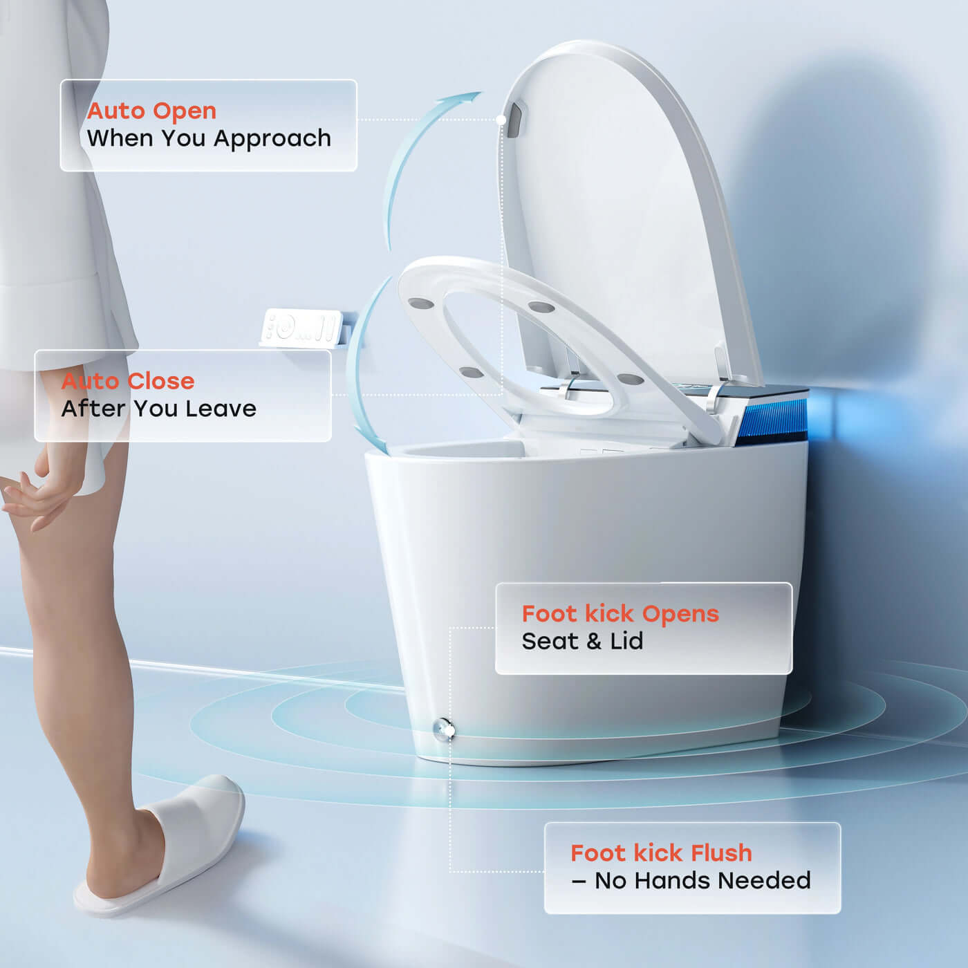 Smart toilet with features highlighted on a light blue background